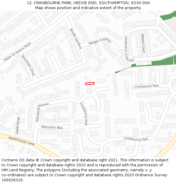 12, CRANBOURNE PARK, HEDGE END, SOUTHAMPTON, SO30 0NX: Location map and indicative extent of plot