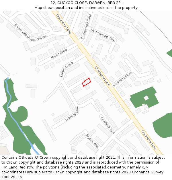 12, CUCKOO CLOSE, DARWEN, BB3 2FL: Location map and indicative extent of plot