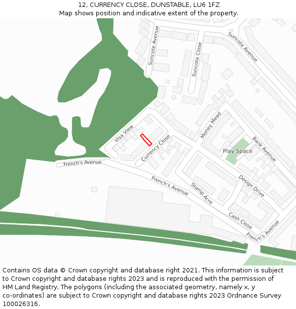 12, CURRENCY CLOSE, DUNSTABLE, LU6 1FZ: Location map and indicative extent of plot