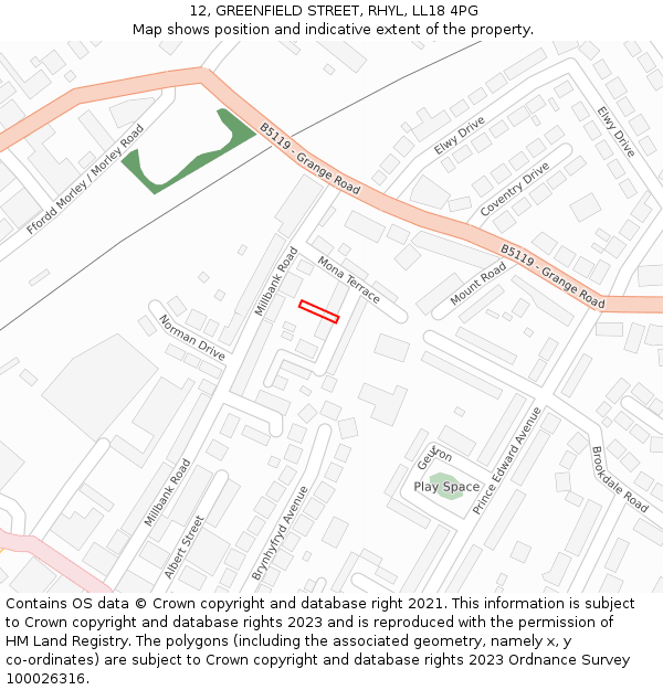 12, GREENFIELD STREET, RHYL, LL18 4PG: Location map and indicative extent of plot