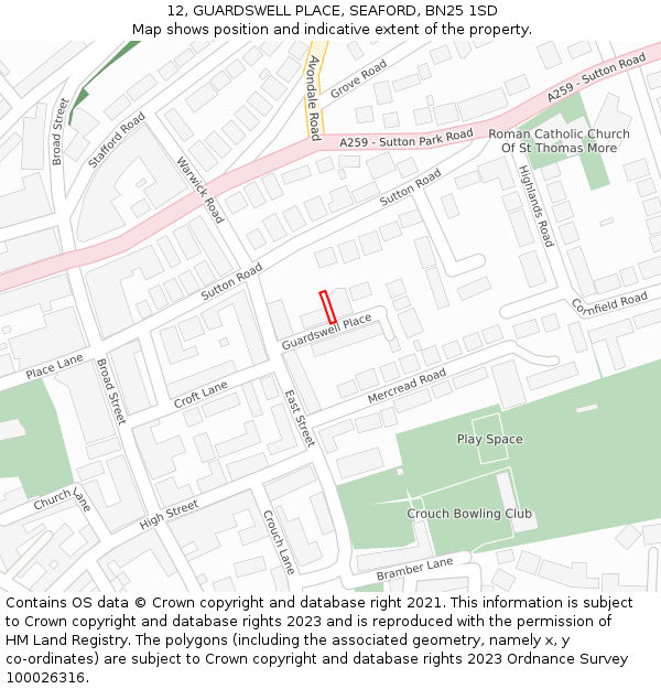 12, GUARDSWELL PLACE, SEAFORD, BN25 1SD: Location map and indicative extent of plot