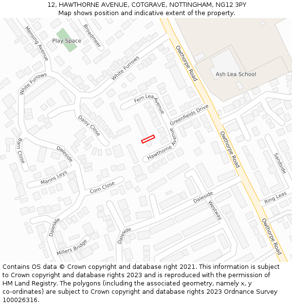 12, HAWTHORNE AVENUE, COTGRAVE, NOTTINGHAM, NG12 3PY: Location map and indicative extent of plot