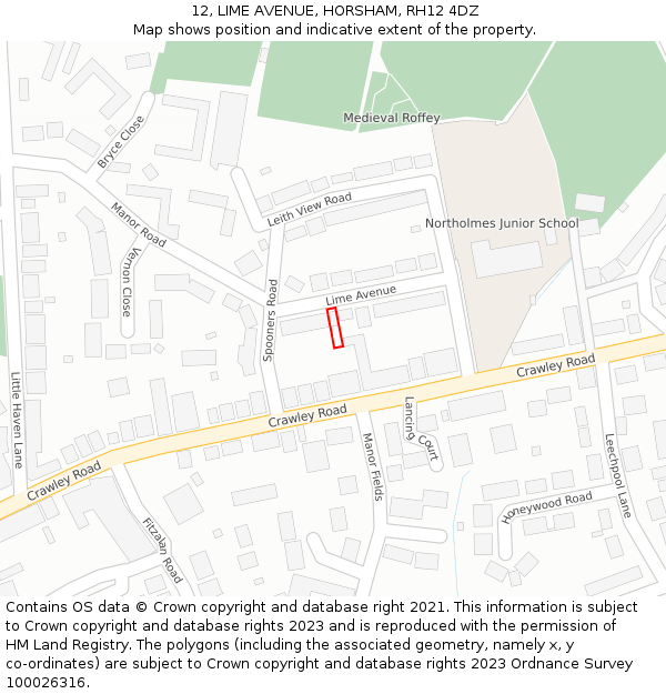 12, LIME AVENUE, HORSHAM, RH12 4DZ: Location map and indicative extent of plot