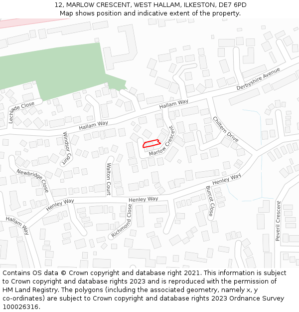 12, MARLOW CRESCENT, WEST HALLAM, ILKESTON, DE7 6PD: Location map and indicative extent of plot