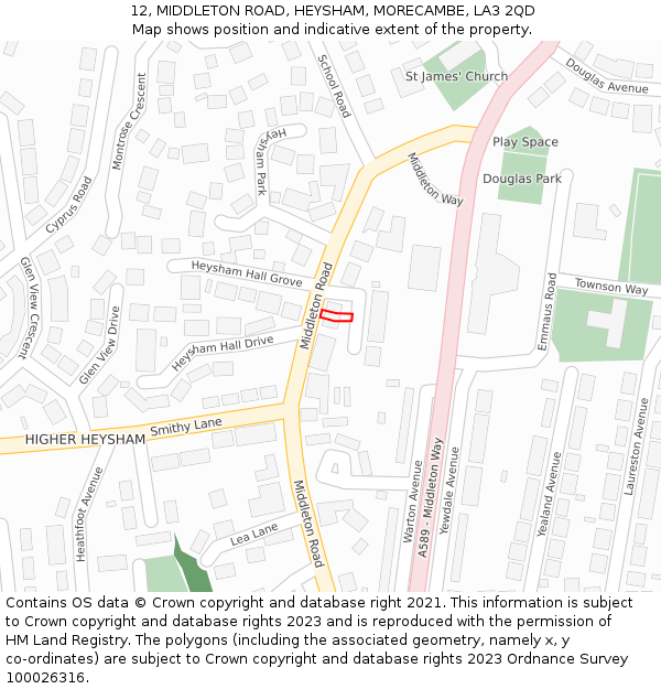 12, MIDDLETON ROAD, HEYSHAM, MORECAMBE, LA3 2QD: Location map and indicative extent of plot