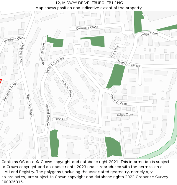 12, MIDWAY DRIVE, TRURO, TR1 1NG: Location map and indicative extent of plot