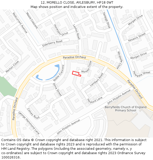 12, MORELLO CLOSE, AYLESBURY, HP18 0WT: Location map and indicative extent of plot