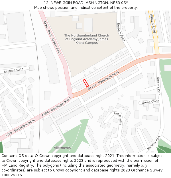 12, NEWBIGGIN ROAD, ASHINGTON, NE63 0SY: Location map and indicative extent of plot