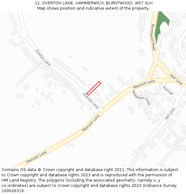 12, OVERTON LANE, HAMMERWICH, BURNTWOOD, WS7 0LH: Location map and indicative extent of plot