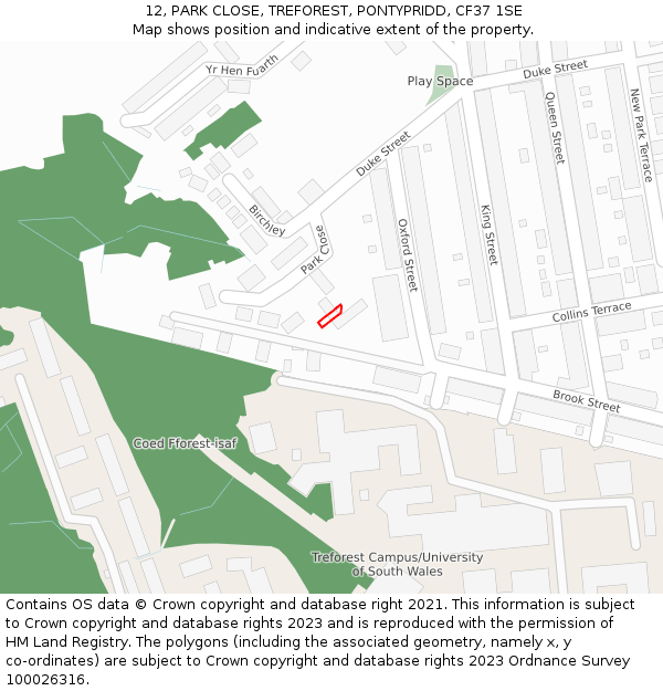 12, PARK CLOSE, TREFOREST, PONTYPRIDD, CF37 1SE: Location map and indicative extent of plot