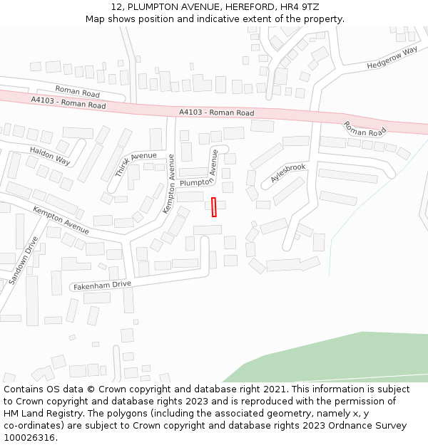 12, PLUMPTON AVENUE, HEREFORD, HR4 9TZ: Location map and indicative extent of plot