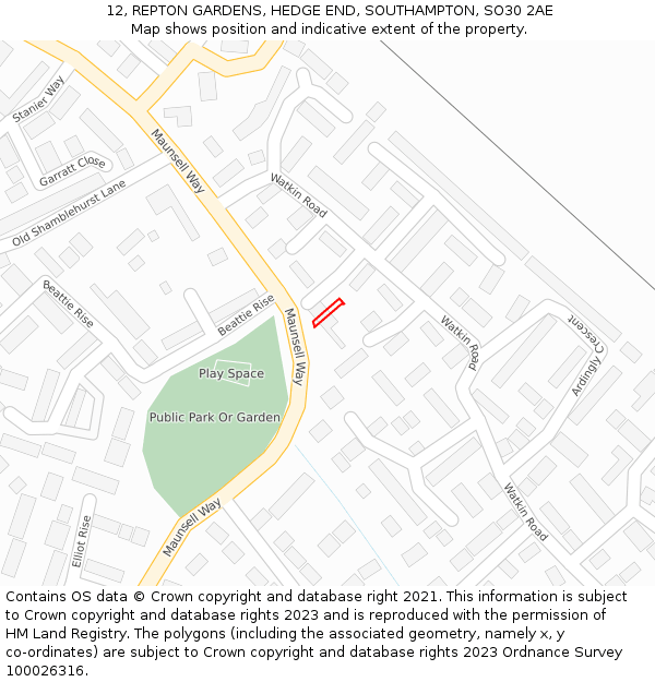 12, REPTON GARDENS, HEDGE END, SOUTHAMPTON, SO30 2AE: Location map and indicative extent of plot