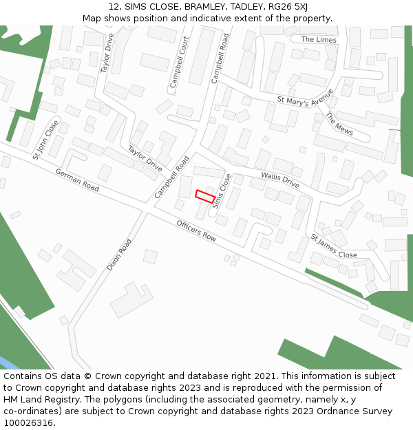12, SIMS CLOSE, BRAMLEY, TADLEY, RG26 5XJ: Location map and indicative extent of plot
