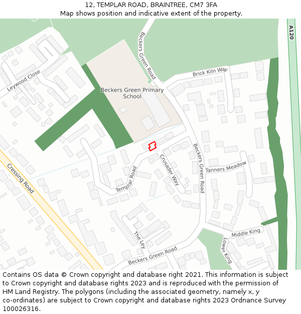 12, TEMPLAR ROAD, BRAINTREE, CM7 3FA: Location map and indicative extent of plot