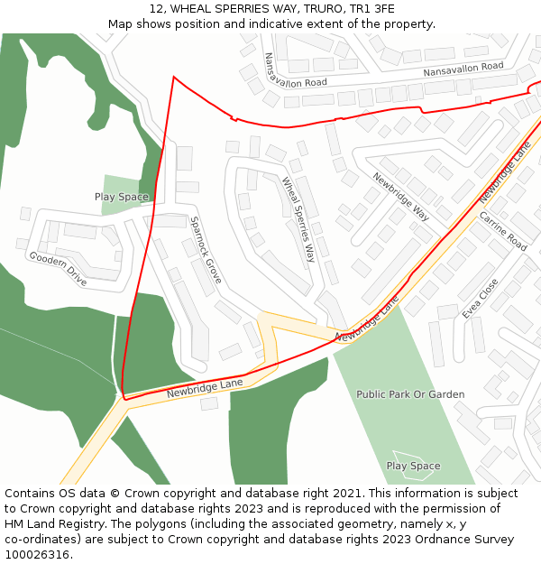 12, WHEAL SPERRIES WAY, TRURO, TR1 3FE: Location map and indicative extent of plot