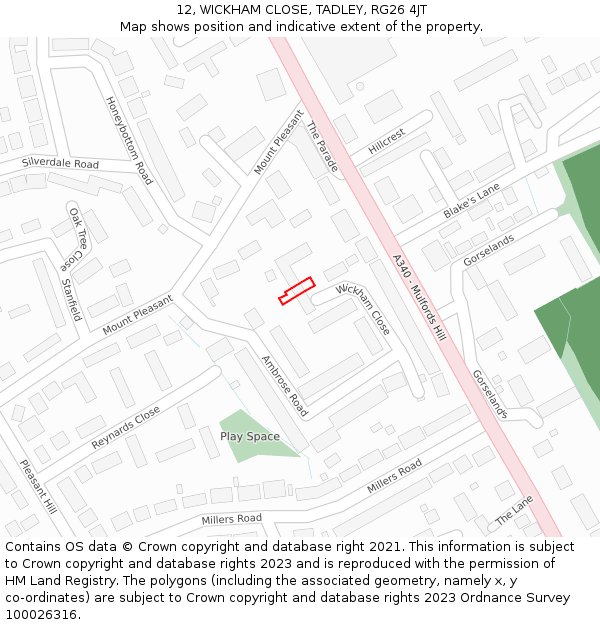 12, WICKHAM CLOSE, TADLEY, RG26 4JT: Location map and indicative extent of plot