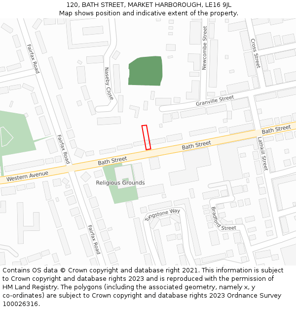 120, BATH STREET, MARKET HARBOROUGH, LE16 9JL: Location map and indicative extent of plot