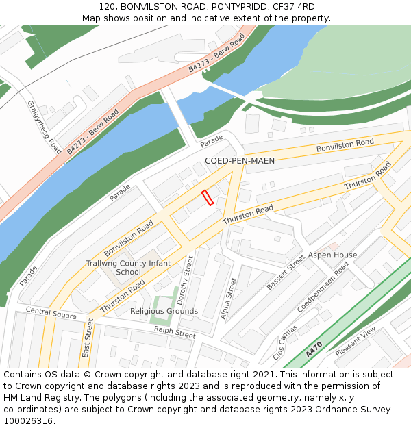 120, BONVILSTON ROAD, PONTYPRIDD, CF37 4RD: Location map and indicative extent of plot