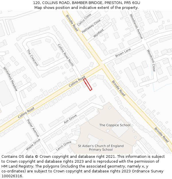 120, COLLINS ROAD, BAMBER BRIDGE, PRESTON, PR5 6GU: Location map and indicative extent of plot