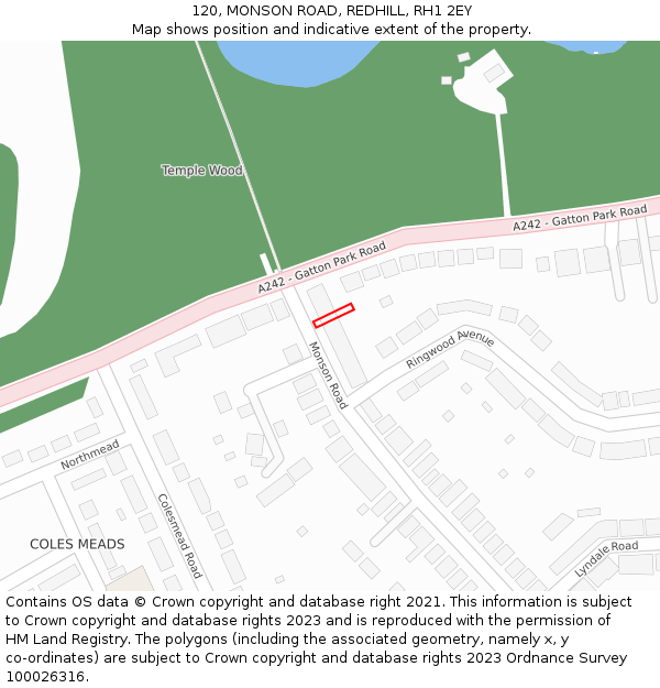 120, MONSON ROAD, REDHILL, RH1 2EY: Location map and indicative extent of plot