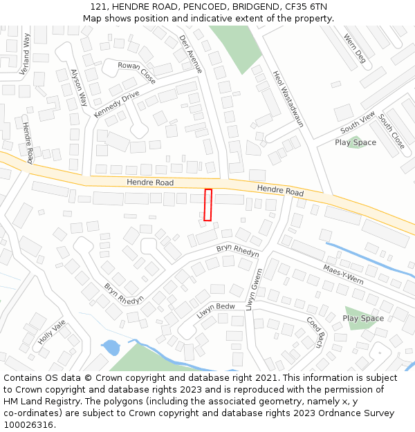 121, HENDRE ROAD, PENCOED, BRIDGEND, CF35 6TN: Location map and indicative extent of plot