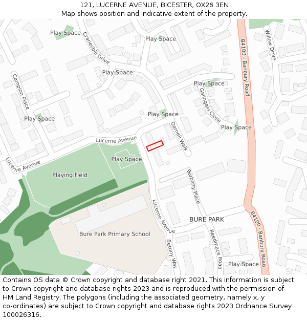 121, LUCERNE AVENUE, BICESTER, OX26 3EN: Location map and indicative extent of plot
