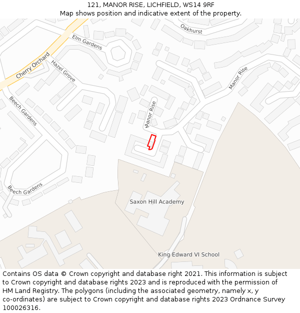 121, MANOR RISE, LICHFIELD, WS14 9RF: Location map and indicative extent of plot