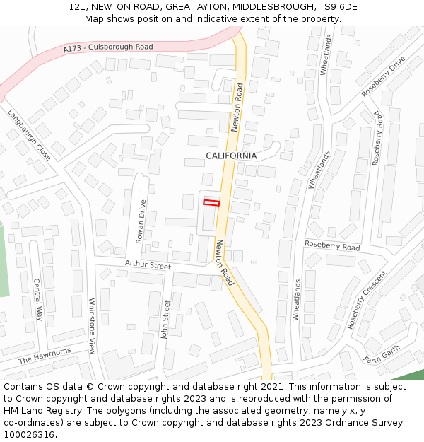 121, NEWTON ROAD, GREAT AYTON, MIDDLESBROUGH, TS9 6DE: Location map and indicative extent of plot