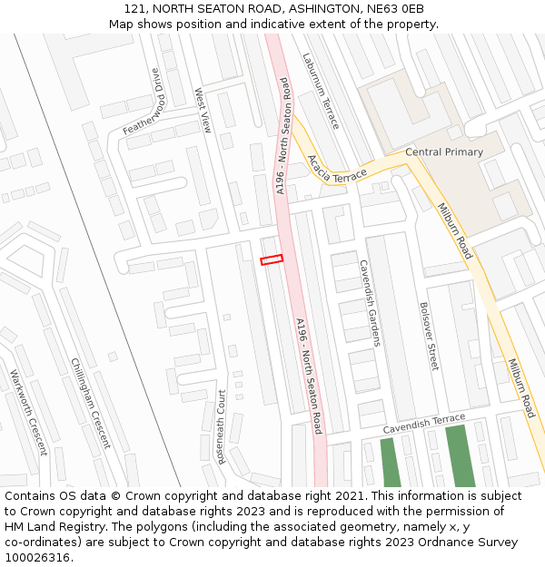 121, NORTH SEATON ROAD, ASHINGTON, NE63 0EB: Location map and indicative extent of plot