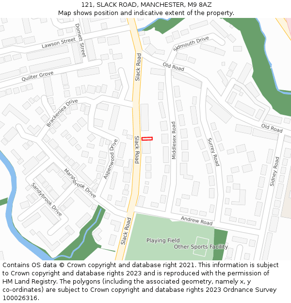 121, SLACK ROAD, MANCHESTER, M9 8AZ: Location map and indicative extent of plot