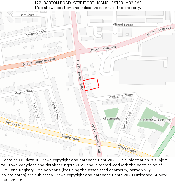 122, BARTON ROAD, STRETFORD, MANCHESTER, M32 9AE: Location map and indicative extent of plot