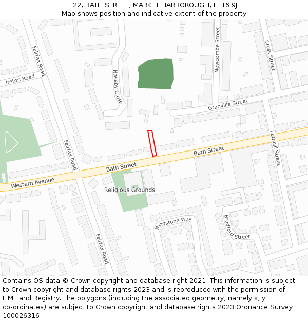 122, BATH STREET, MARKET HARBOROUGH, LE16 9JL: Location map and indicative extent of plot