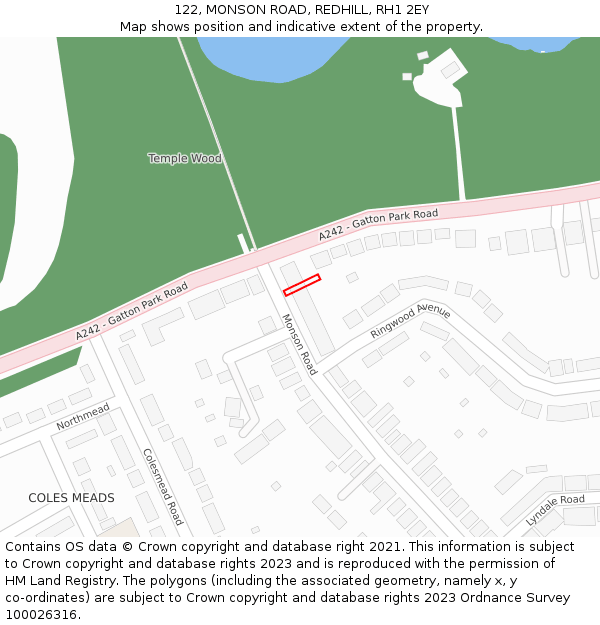 122, MONSON ROAD, REDHILL, RH1 2EY: Location map and indicative extent of plot