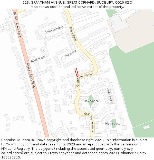 123, GRANTHAM AVENUE, GREAT CORNARD, SUDBURY, CO10 0ZQ: Location map and indicative extent of plot