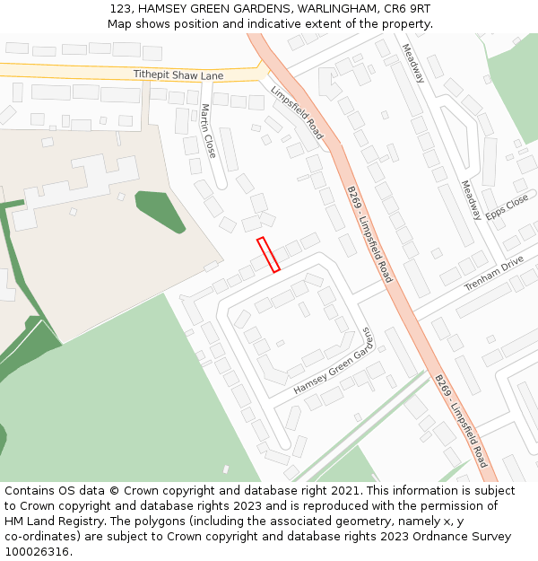 123, HAMSEY GREEN GARDENS, WARLINGHAM, CR6 9RT: Location map and indicative extent of plot