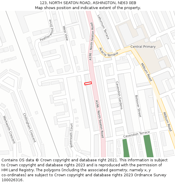 123, NORTH SEATON ROAD, ASHINGTON, NE63 0EB: Location map and indicative extent of plot