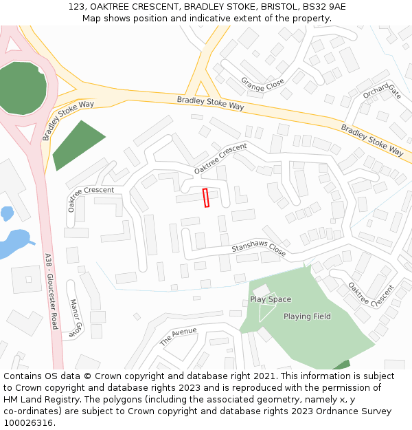 123, OAKTREE CRESCENT, BRADLEY STOKE, BRISTOL, BS32 9AE: Location map and indicative extent of plot
