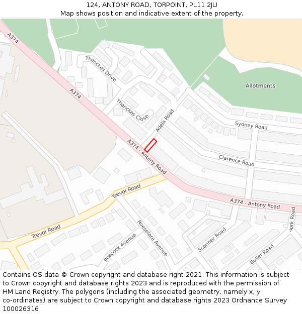 124, ANTONY ROAD, TORPOINT, PL11 2JU: Location map and indicative extent of plot