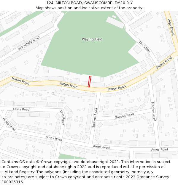 124, MILTON ROAD, SWANSCOMBE, DA10 0LY: Location map and indicative extent of plot