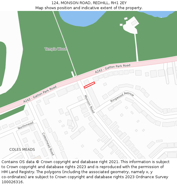 124, MONSON ROAD, REDHILL, RH1 2EY: Location map and indicative extent of plot