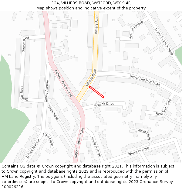 124, VILLIERS ROAD, WATFORD, WD19 4FJ: Location map and indicative extent of plot