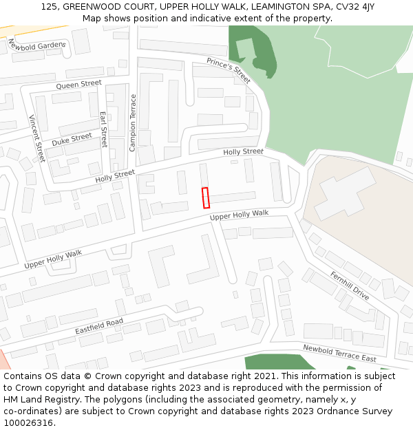 125, GREENWOOD COURT, UPPER HOLLY WALK, LEAMINGTON SPA, CV32 4JY: Location map and indicative extent of plot