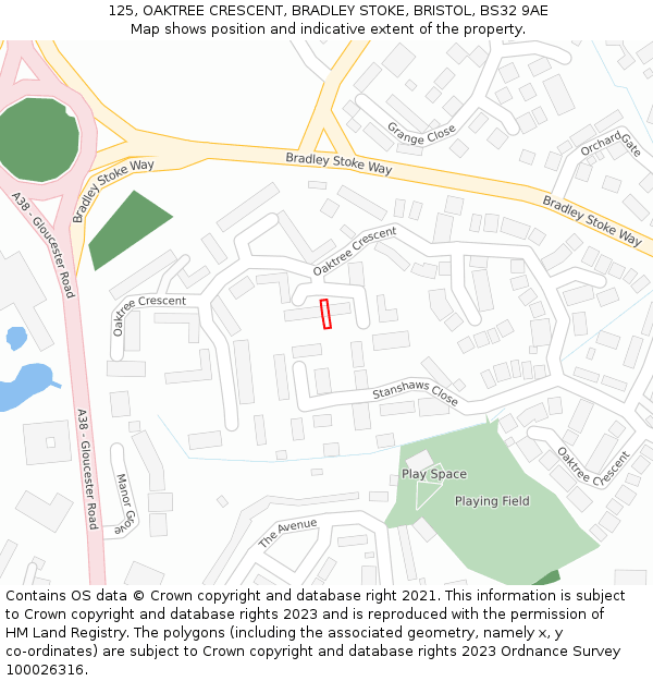 125, OAKTREE CRESCENT, BRADLEY STOKE, BRISTOL, BS32 9AE: Location map and indicative extent of plot