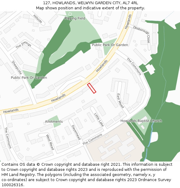127, HOWLANDS, WELWYN GARDEN CITY, AL7 4RL: Location map and indicative extent of plot