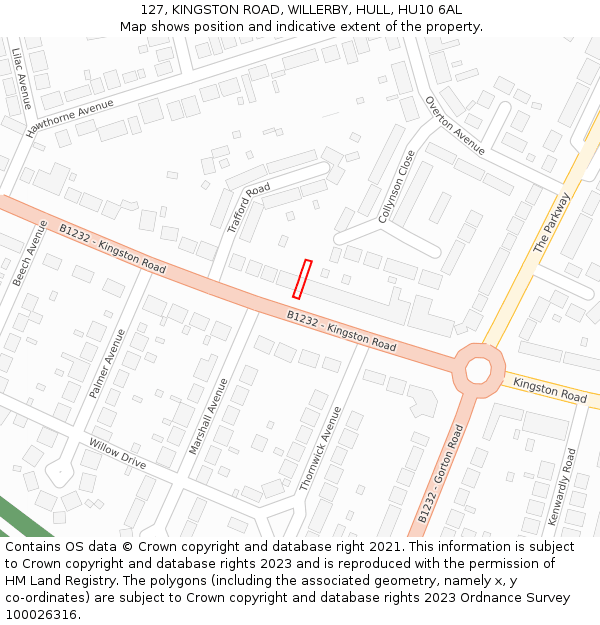 127, KINGSTON ROAD, WILLERBY, HULL, HU10 6AL: Location map and indicative extent of plot