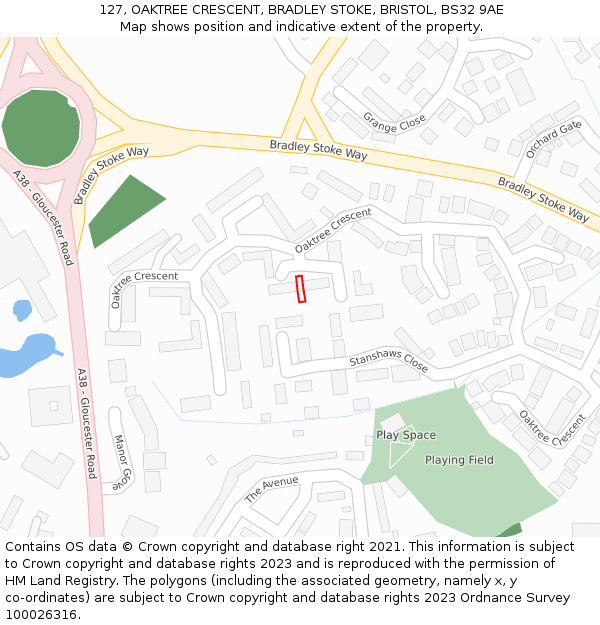 127, OAKTREE CRESCENT, BRADLEY STOKE, BRISTOL, BS32 9AE: Location map and indicative extent of plot
