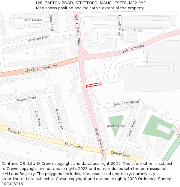 128, BARTON ROAD, STRETFORD, MANCHESTER, M32 9AE: Location map and indicative extent of plot