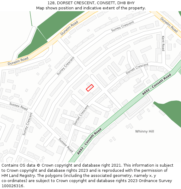 128, DORSET CRESCENT, CONSETT, DH8 8HY: Location map and indicative extent of plot