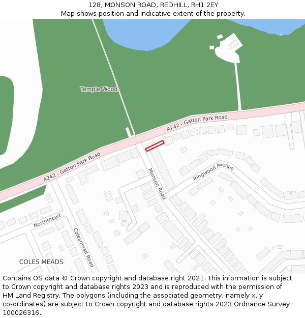 128, MONSON ROAD, REDHILL, RH1 2EY: Location map and indicative extent of plot