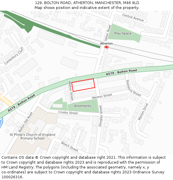 129, BOLTON ROAD, ATHERTON, MANCHESTER, M46 9LD: Location map and indicative extent of plot